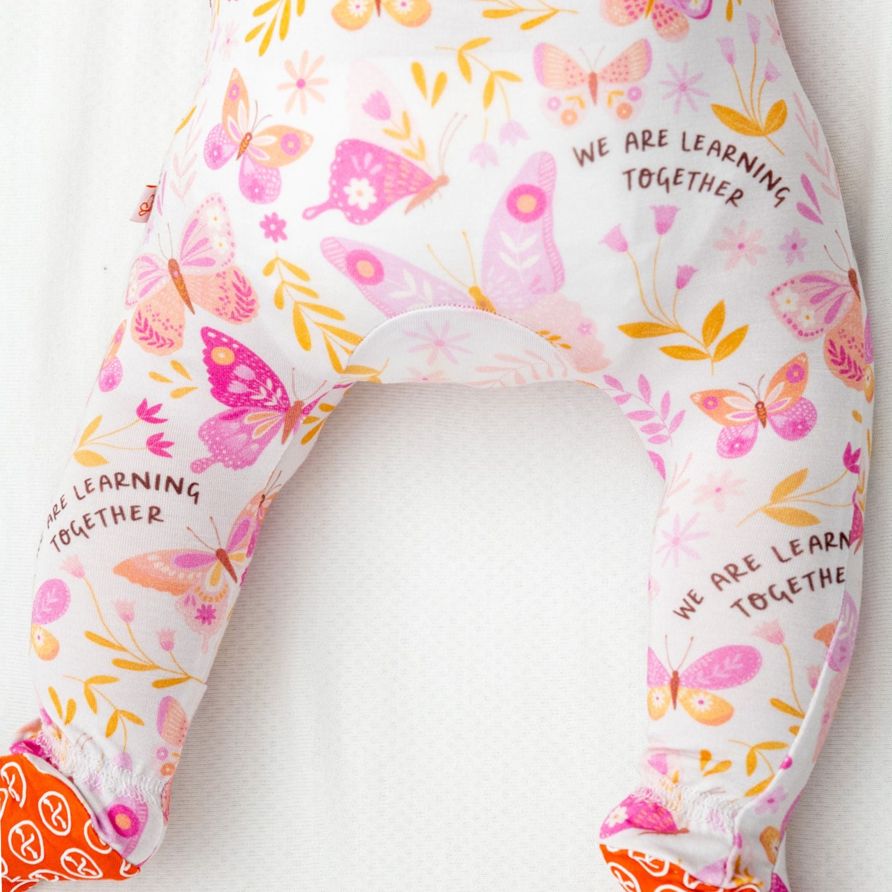 Footie Bamboo Baby Zipper Pajamas, Pink Butterflies, Double-Zipper Onesies for Baby Girl, 4-Way Stretch, Easy On & Off - "We Are Learning Together" - Raising Mama