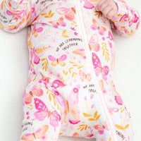 Footie Bamboo Baby Zipper Pajamas, Pink Butterflies, Double-Zipper Onesies for Baby Girl, 4-Way Stretch, Easy On & Off - "We Are Learning Together" - Raising Mama