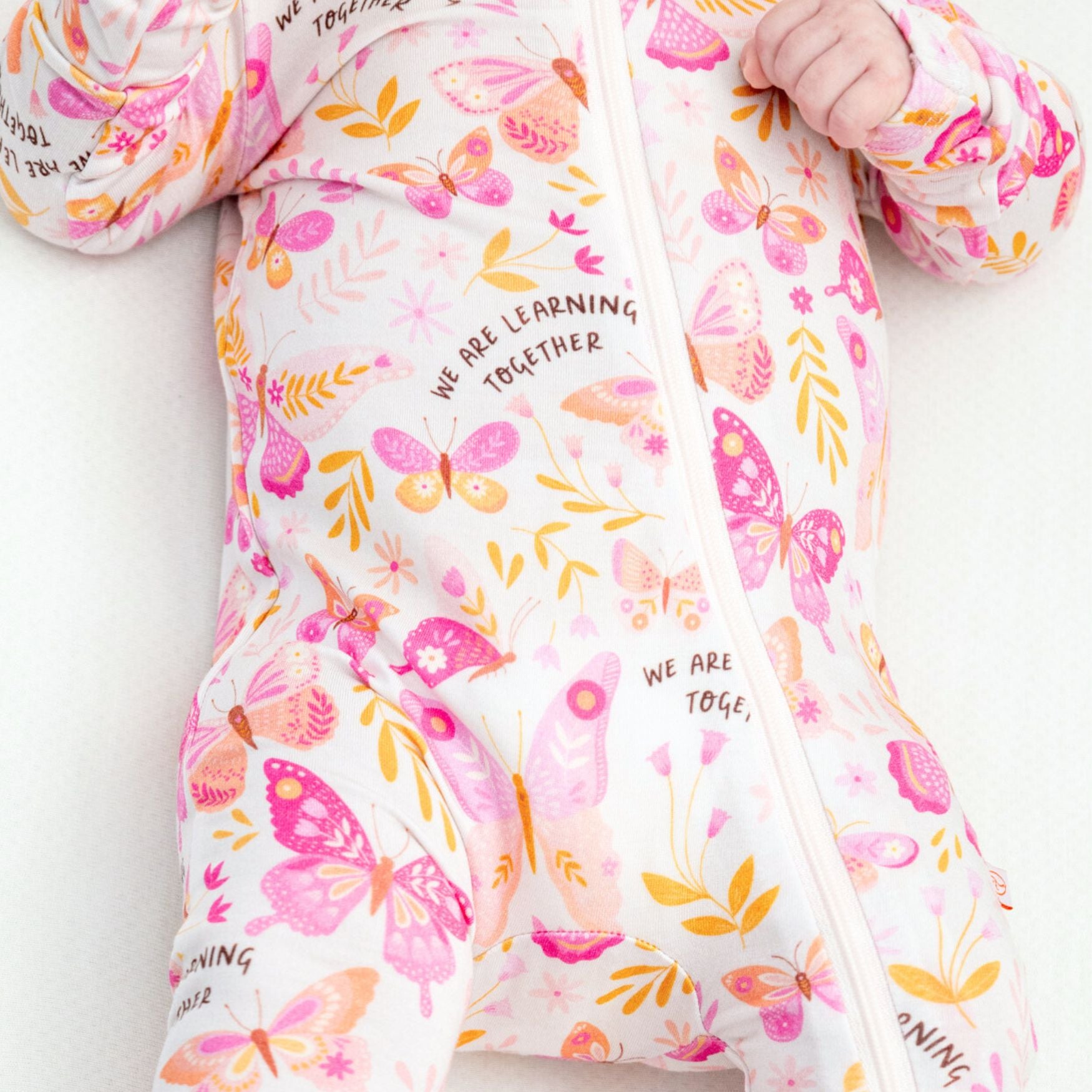 Footie Bamboo Baby Zipper Pajamas, Pink Butterflies, Double-Zipper Onesies for Baby Girl, 4-Way Stretch, Easy On & Off - "We Are Learning Together" - Raising Mama