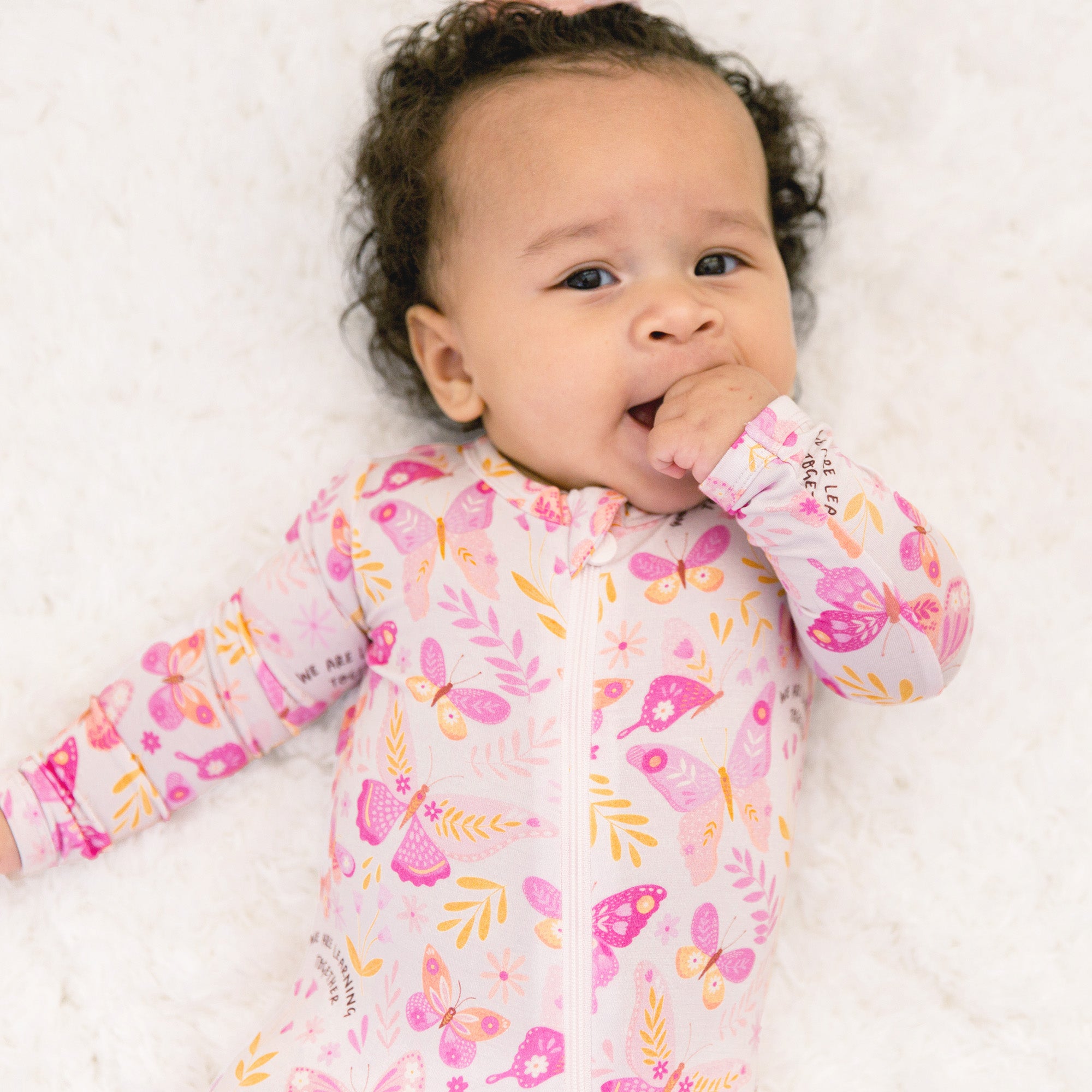 Footie Bamboo Baby Zipper Pajamas, Pink Butterflies, Double-Zipper Onesies for Baby Girl, 4-Way Stretch, Easy On & Off - "We Are Learning Together" - Raising Mama