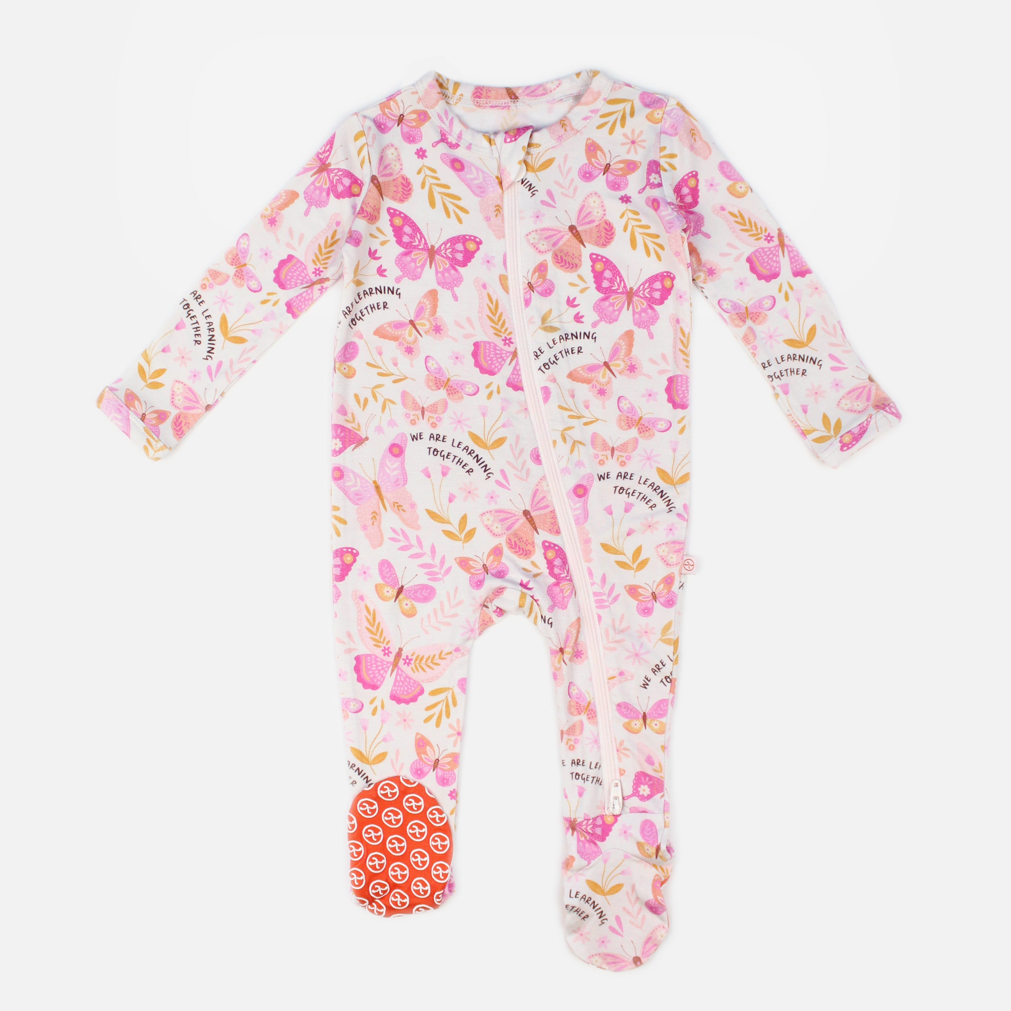 Footie Bamboo Baby Zipper Pajamas, Pink Butterflies, Double-Zipper Onesies for Baby Girl, 4-Way Stretch, Easy On & Off - "We Are Learning Together" - Raising Mama