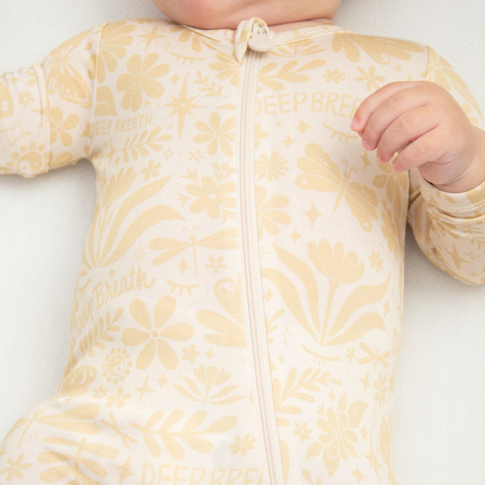 Footie Bamboo Baby Zipper Pajamas, Double-Zipper Onesies for Baby Girl Boy, 4-Way Stretch, Easy On & Off - "Deep Breath" (Beige) - Raising Mama