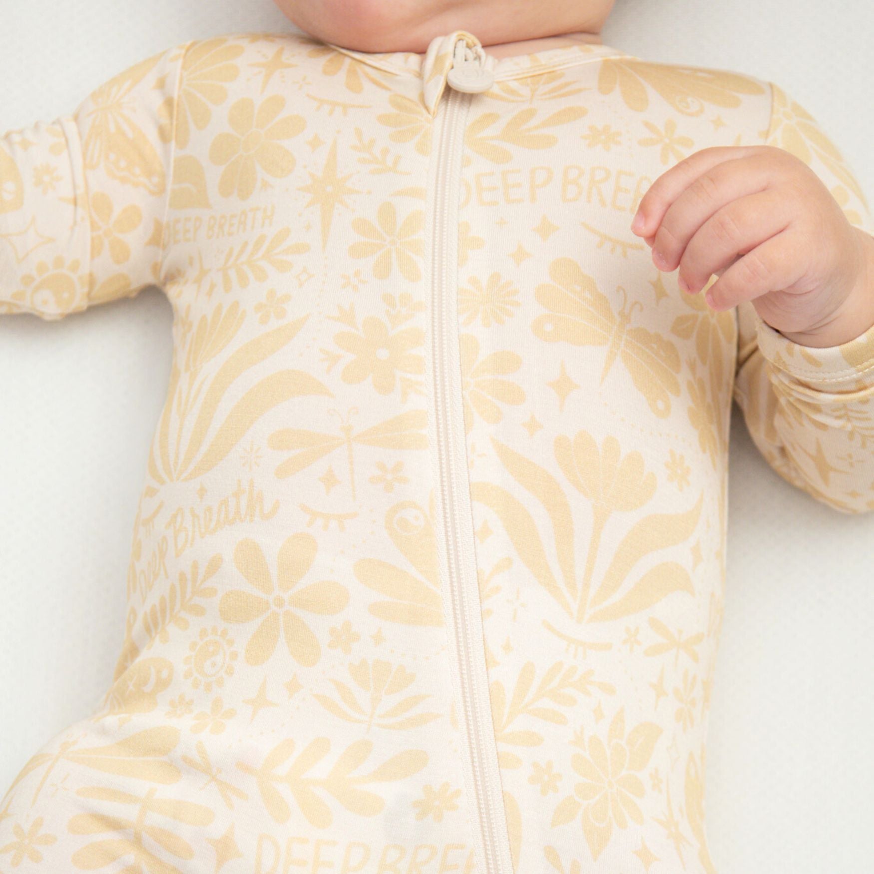 Footie Bamboo Baby Zipper Pajamas, Double-Zipper Onesies for Baby Girl Boy, 4-Way Stretch, Easy On & Off - "Deep Breath" (Beige) - Raising Mama
