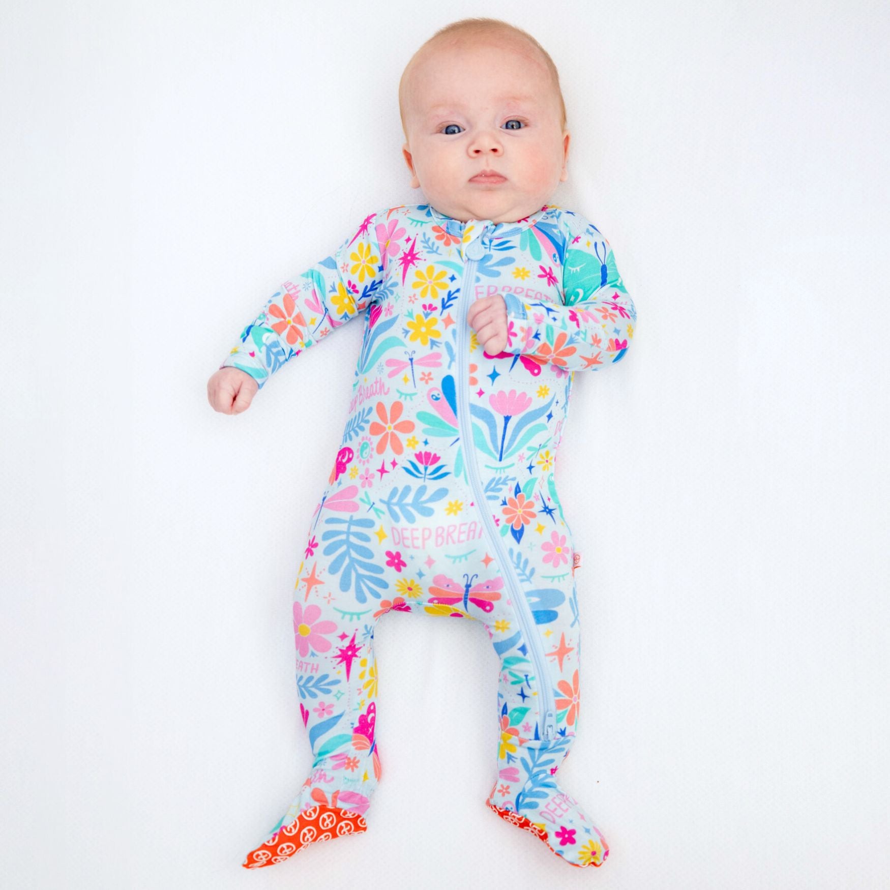 Footie Bamboo Baby Zipper Pajamas, Flowers & Butterflies, Double-Zipper Onesies for Baby Girl, 4-Way Stretch, Easy On & Off - "Deep Breath" - Raising Mama