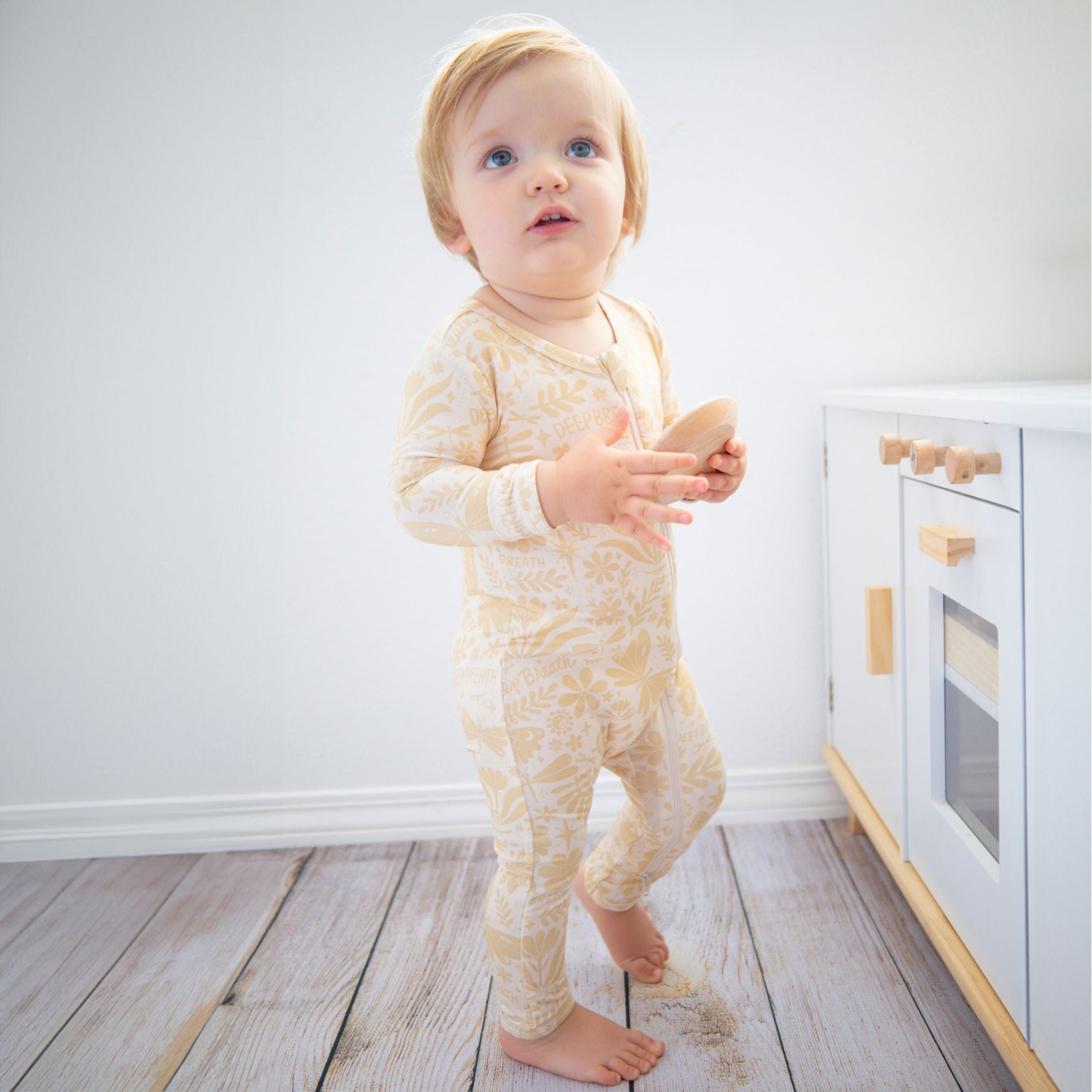 Footless Bamboo Toddler Zipper Pajamas, Double-Zipper Onesies for Toddler Girl Boy, 4-Way Stretch, Easy On & Off - "Deep Breath" (Beige) - Raising Mama