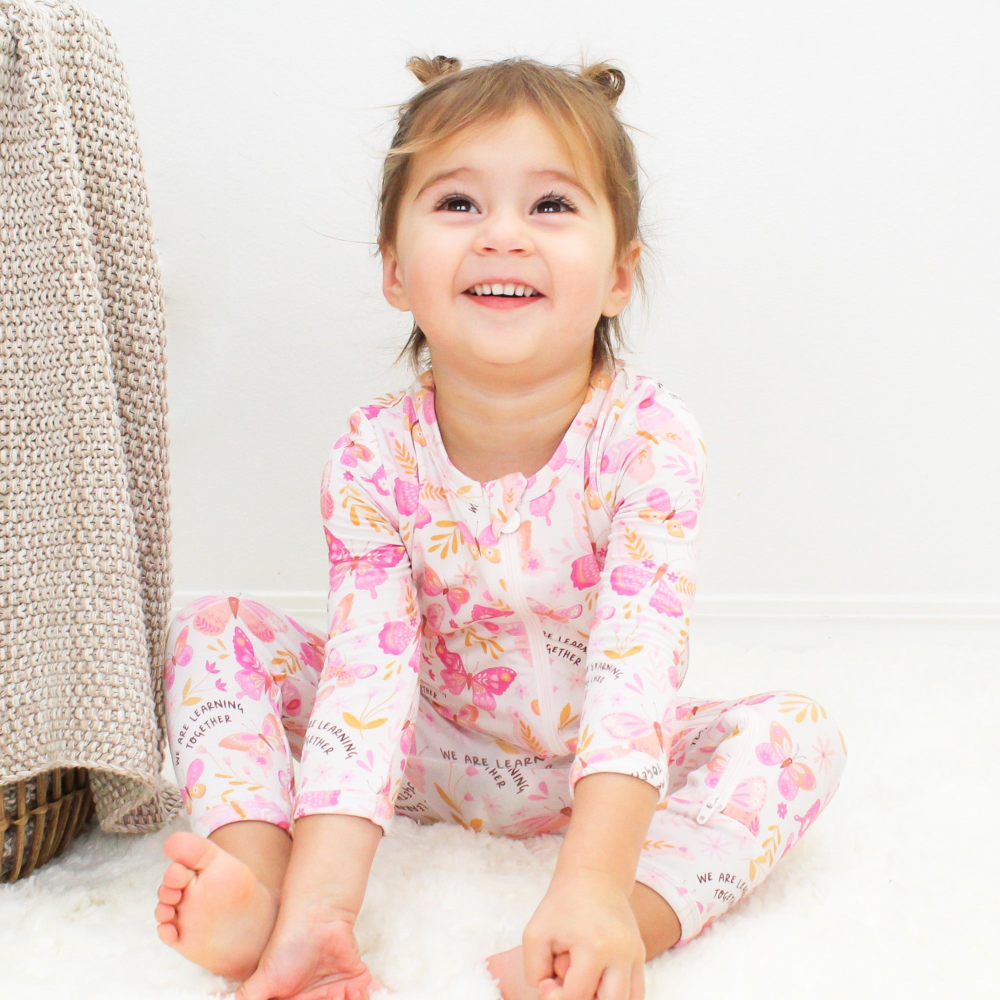 Footless Bamboo Toddler Zipper Pajamas, Pink Butterflies, Bamboo Zipper Pajamas, Double-Zipper Onesies for Toddler Girl, 4-Way Stretch - "We Are Learning Together" - Raising Mama