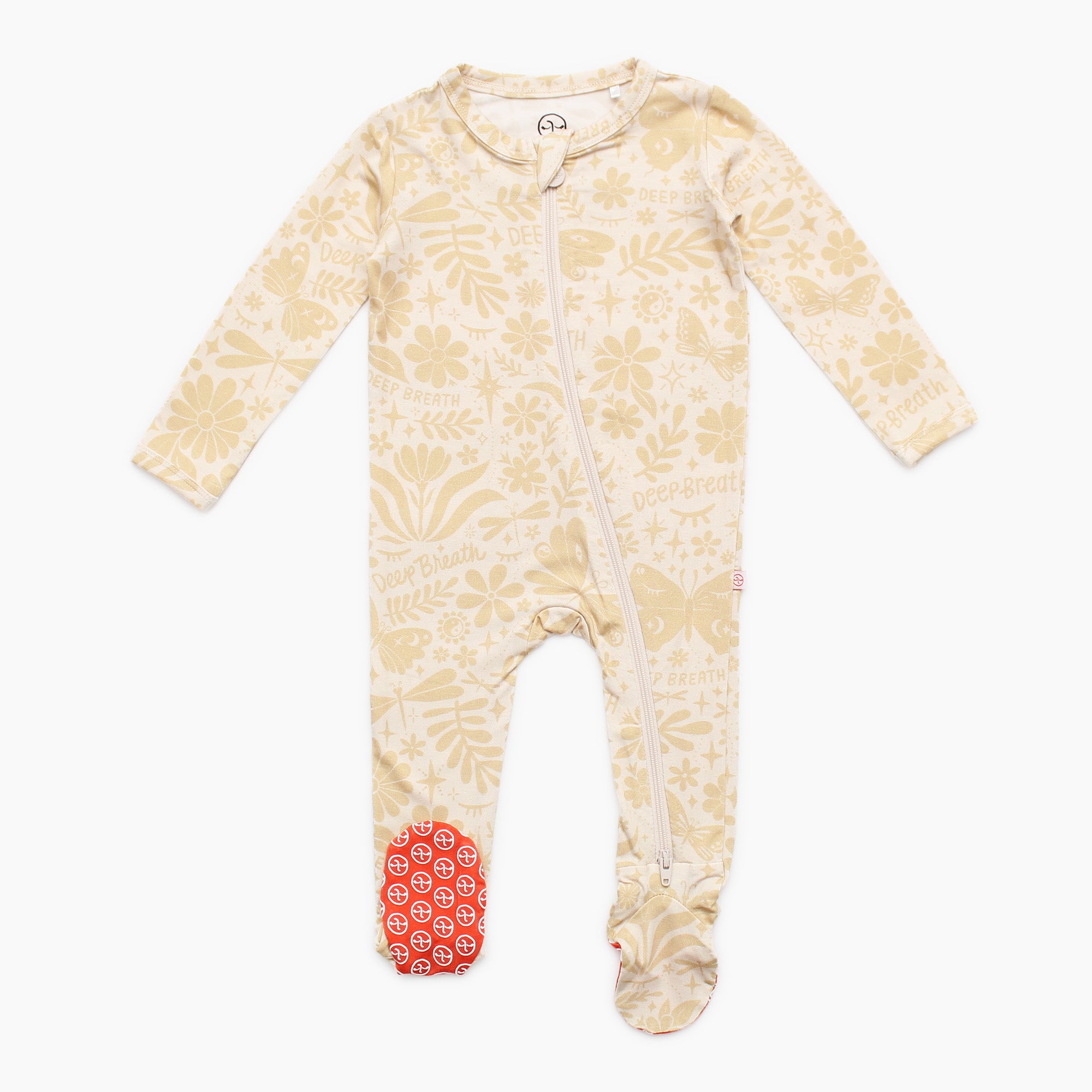 Footie Bamboo Baby Zipper Pajamas, Double-Zipper Onesies for Baby Girl Boy, 4-Way Stretch, Easy On & Off - "Deep Breath" (Beige) - Raising Mama