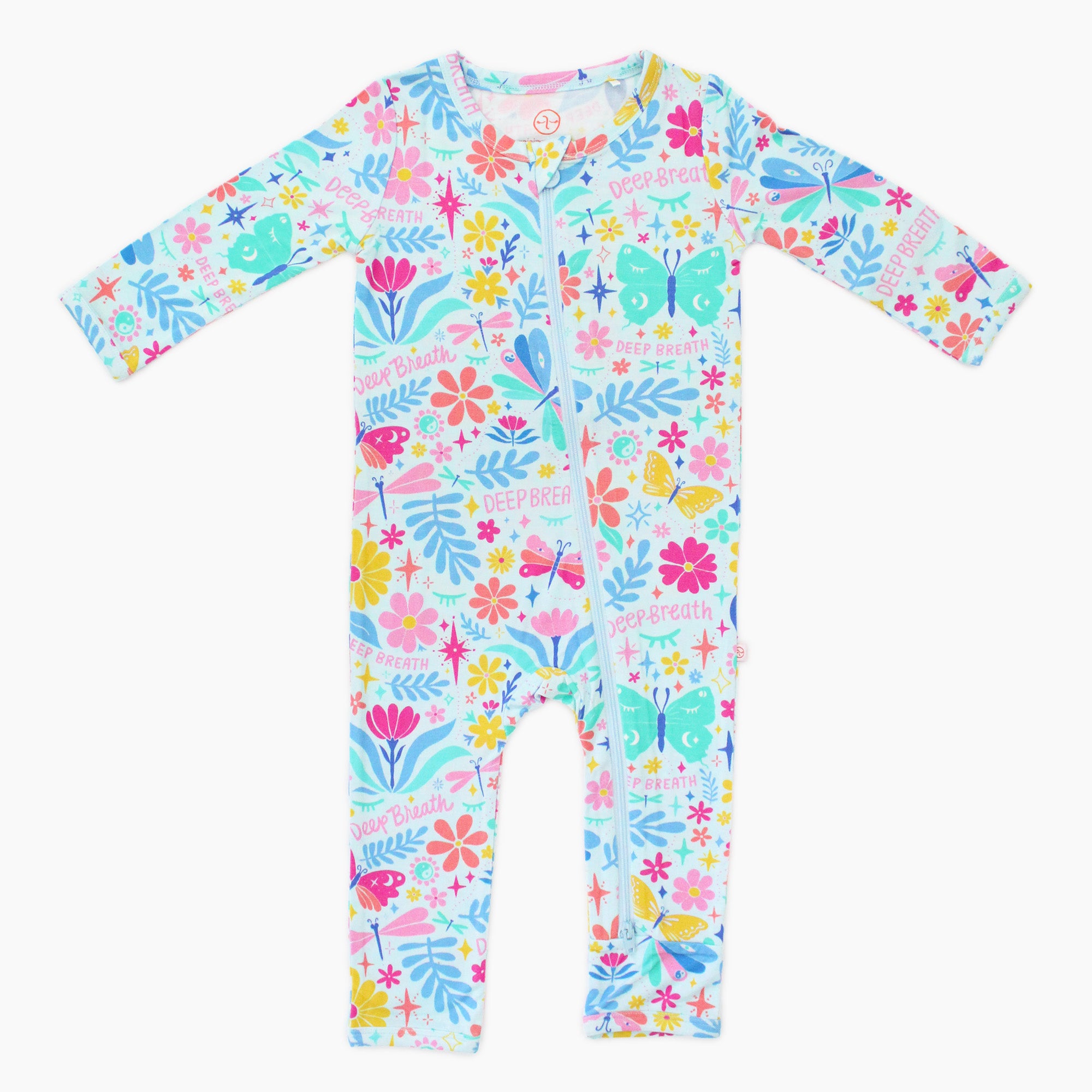 Footless Bamboo Toddler Zipper Pajamas, Flowers & Butterflies, Bamboo Zipper Pajamas, Double-Zipper Onesies for Toddler Girl, 4-Way Stretch - "Deep Breath" - Raising Mama