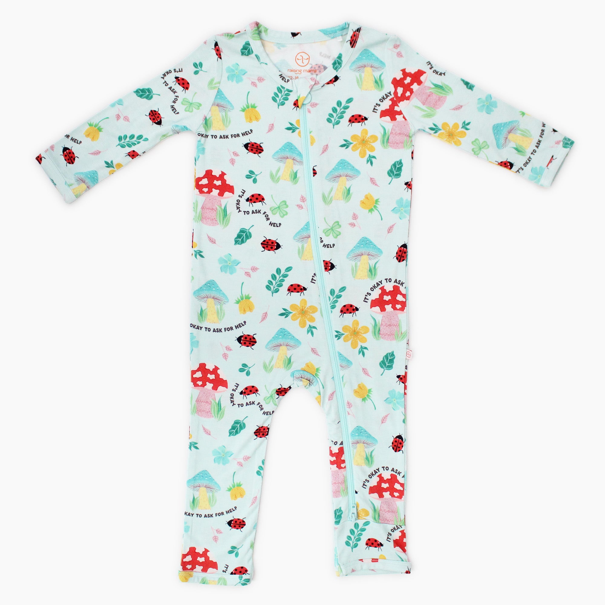Footless Bamboo Toddler Zipper Pajamas, Woodland Mushrooms, Double-Zipper Onesies,Toddler Bamboo Sleeper, 4-Way Stretch - "It's Okay to Ask for Help" - Raising Mama