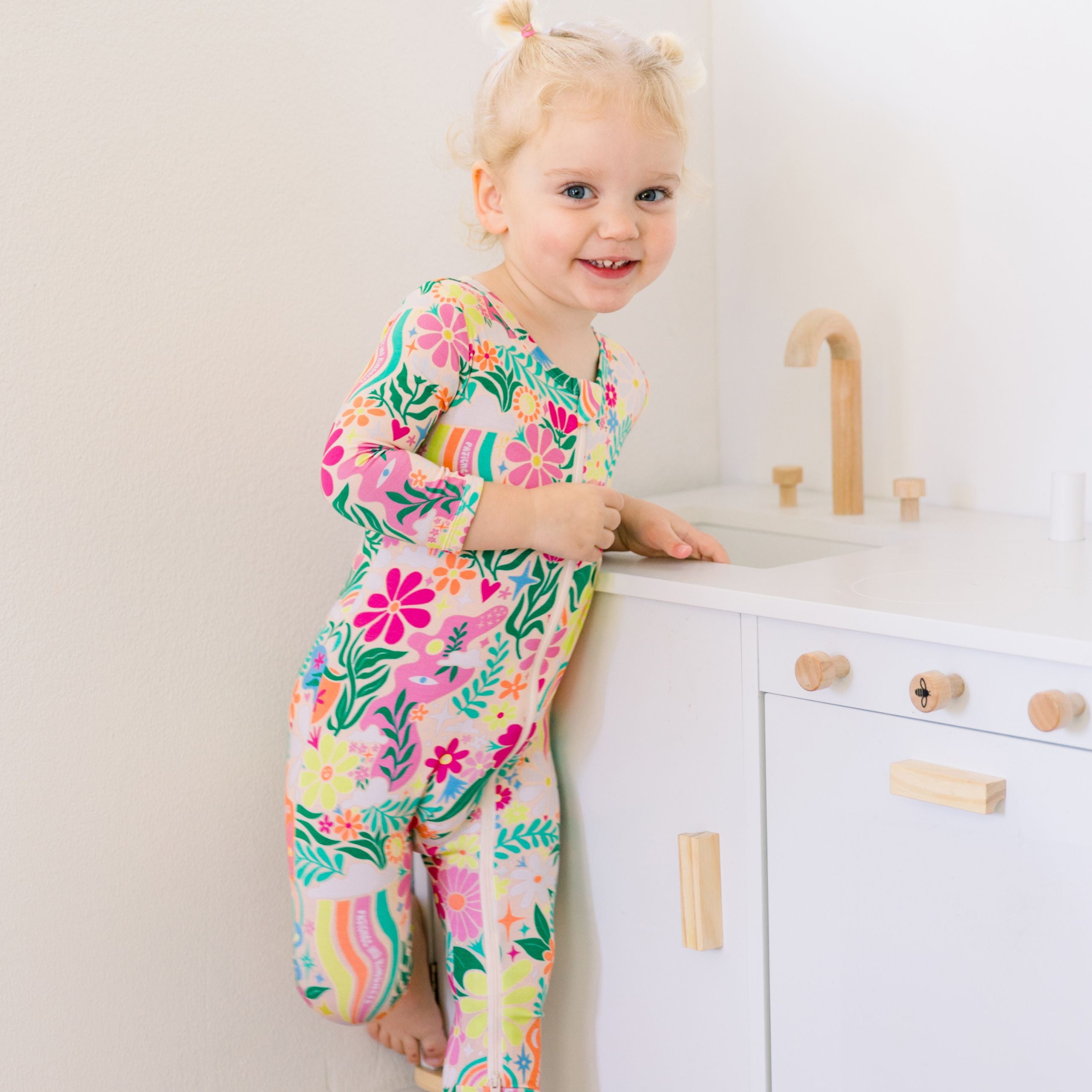 Footless Bamboo Toddler Zipper Pajamas, Retro Rainbow Floral, Bamboo Zipper Pajamas, Double-Zipper Onesies for Toddler Girl, 4-Way Stretch - "Patience & Kindness" - Raising Mama