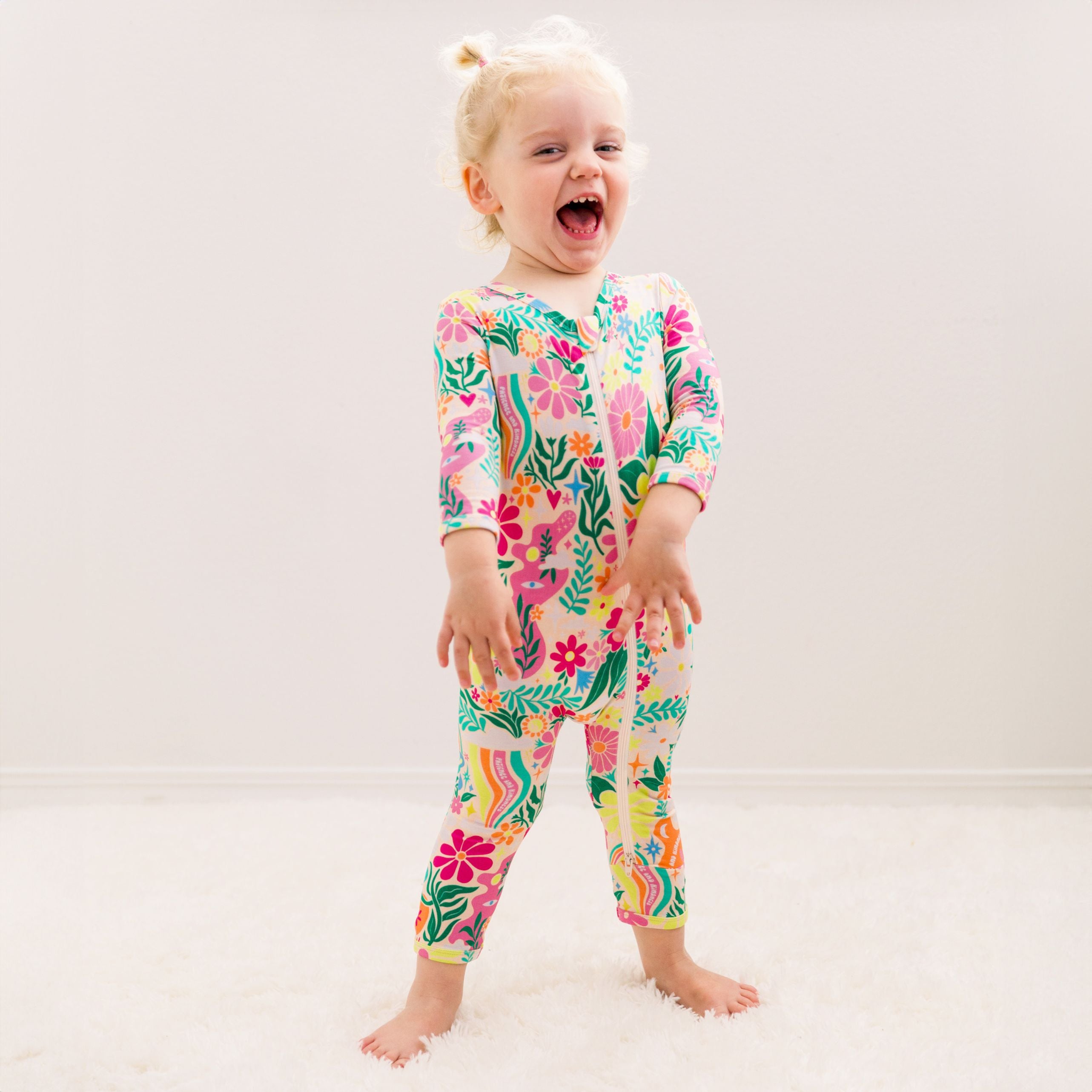 Footless Bamboo Toddler Zipper Pajamas, Retro Rainbow Floral, Bamboo Zipper Pajamas, Double-Zipper Onesies for Toddler Girl, 4-Way Stretch - "Patience & Kindness" - Raising Mama