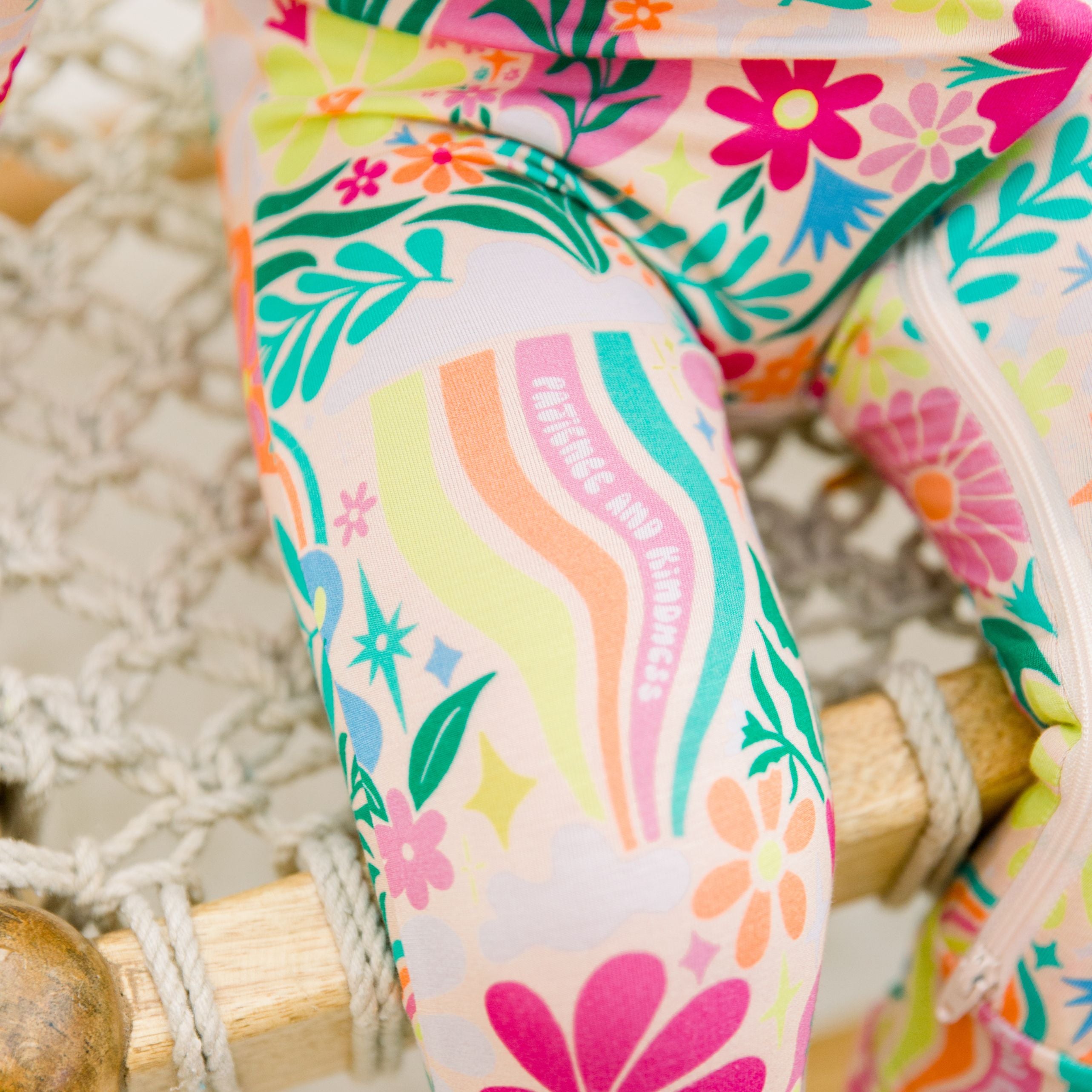 Footless Bamboo Toddler Zipper Pajamas, Retro Rainbow Floral, Bamboo Zipper Pajamas, Double-Zipper Onesies for Toddler Girl, 4-Way Stretch - "Patience & Kindness" - Raising Mama