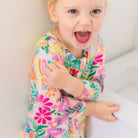 Footless Bamboo Toddler Zipper Pajamas, Retro Rainbow Floral, Bamboo Zipper Pajamas, Double-Zipper Onesies for Toddler Girl, 4-Way Stretch - "Patience & Kindness" - Raising Mama