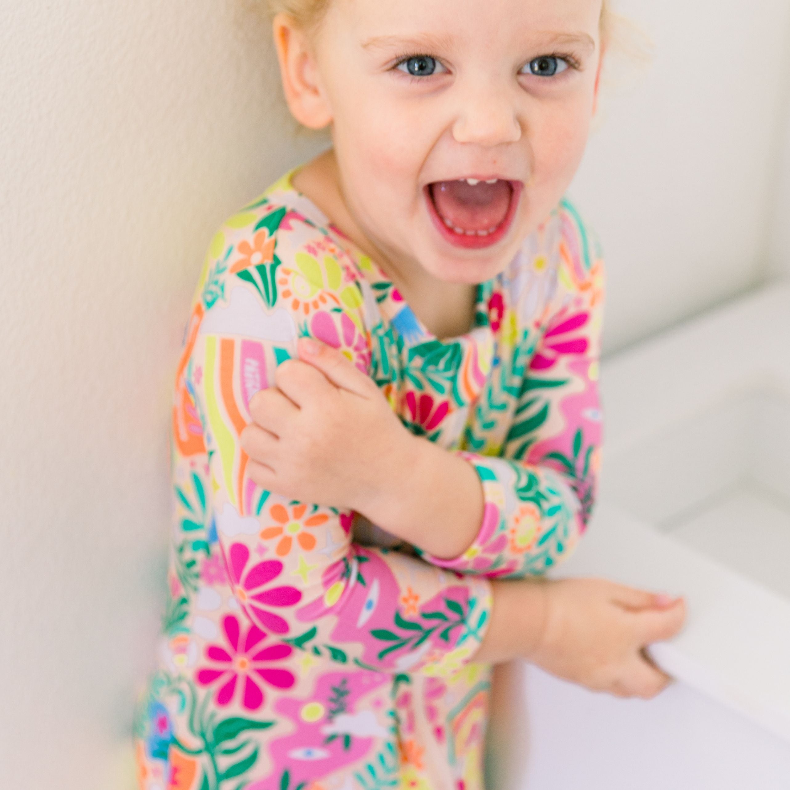 Footless Bamboo Toddler Zipper Pajamas, Retro Rainbow Floral, Bamboo Zipper Pajamas, Double-Zipper Onesies for Toddler Girl, 4-Way Stretch - "Patience & Kindness" - Raising Mama