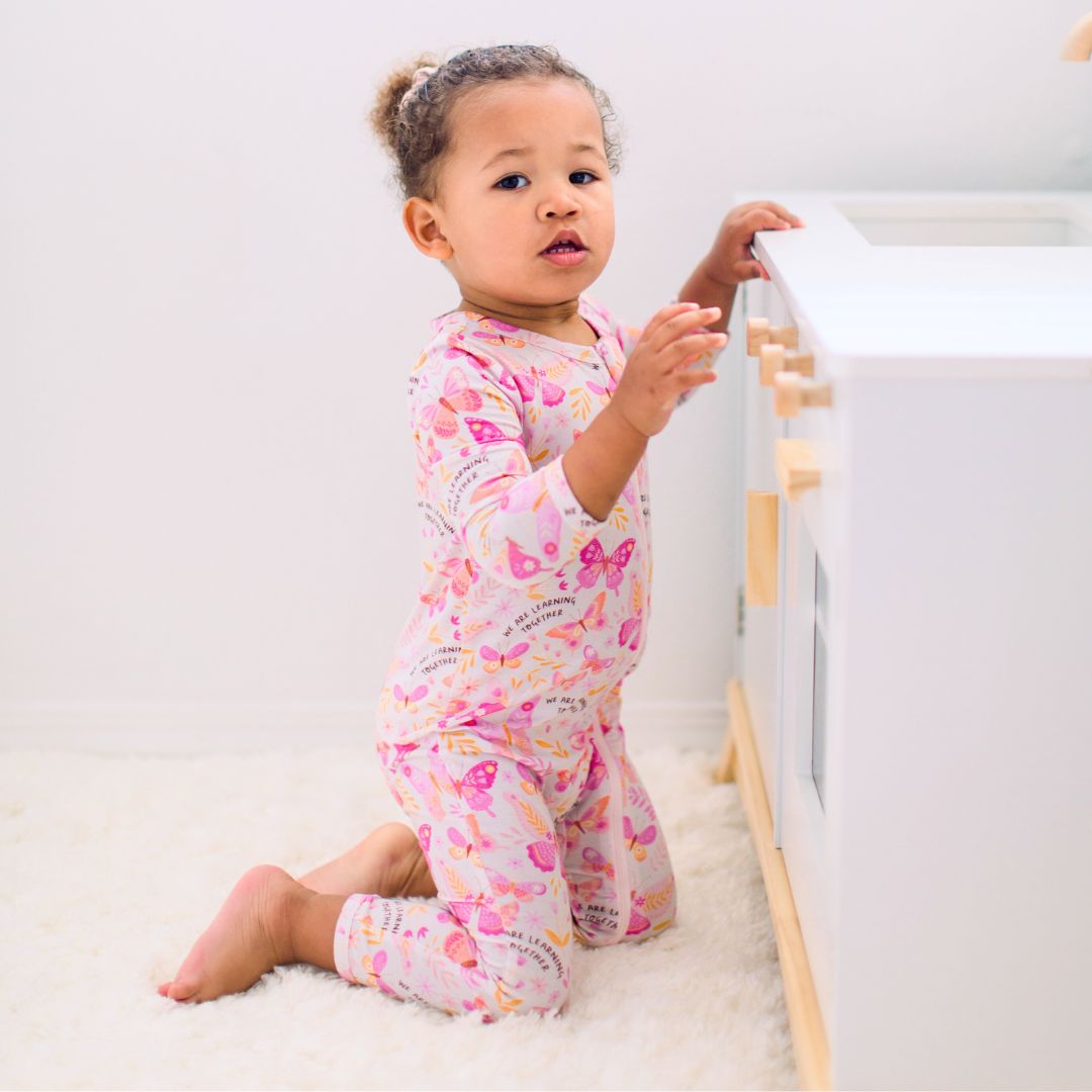 Footless Bamboo Toddler Zipper Pajamas, Pink Butterflies, Bamboo Zipper Pajamas, Double-Zipper Onesies for Toddler Girl, 4-Way Stretch - "We Are Learning Together" - Raising Mama