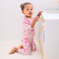 Footless Bamboo Toddler Zipper Pajamas, Pink Butterflies, Bamboo Zipper Pajamas, Double-Zipper Onesies for Toddler Girl, 4-Way Stretch - "We Are Learning Together" - Raising Mama