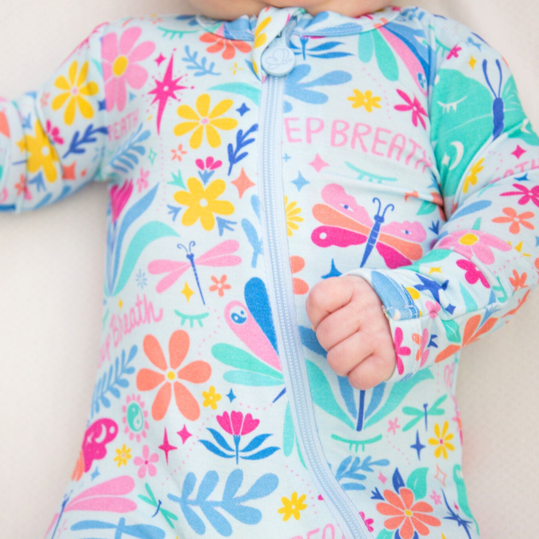 Footless Bamboo Toddler Zipper Pajamas, Flowers & Butterflies, Bamboo Zipper Pajamas, Double-Zipper Onesies for Toddler Girl, 4-Way Stretch - "Deep Breath" - Raising Mama
