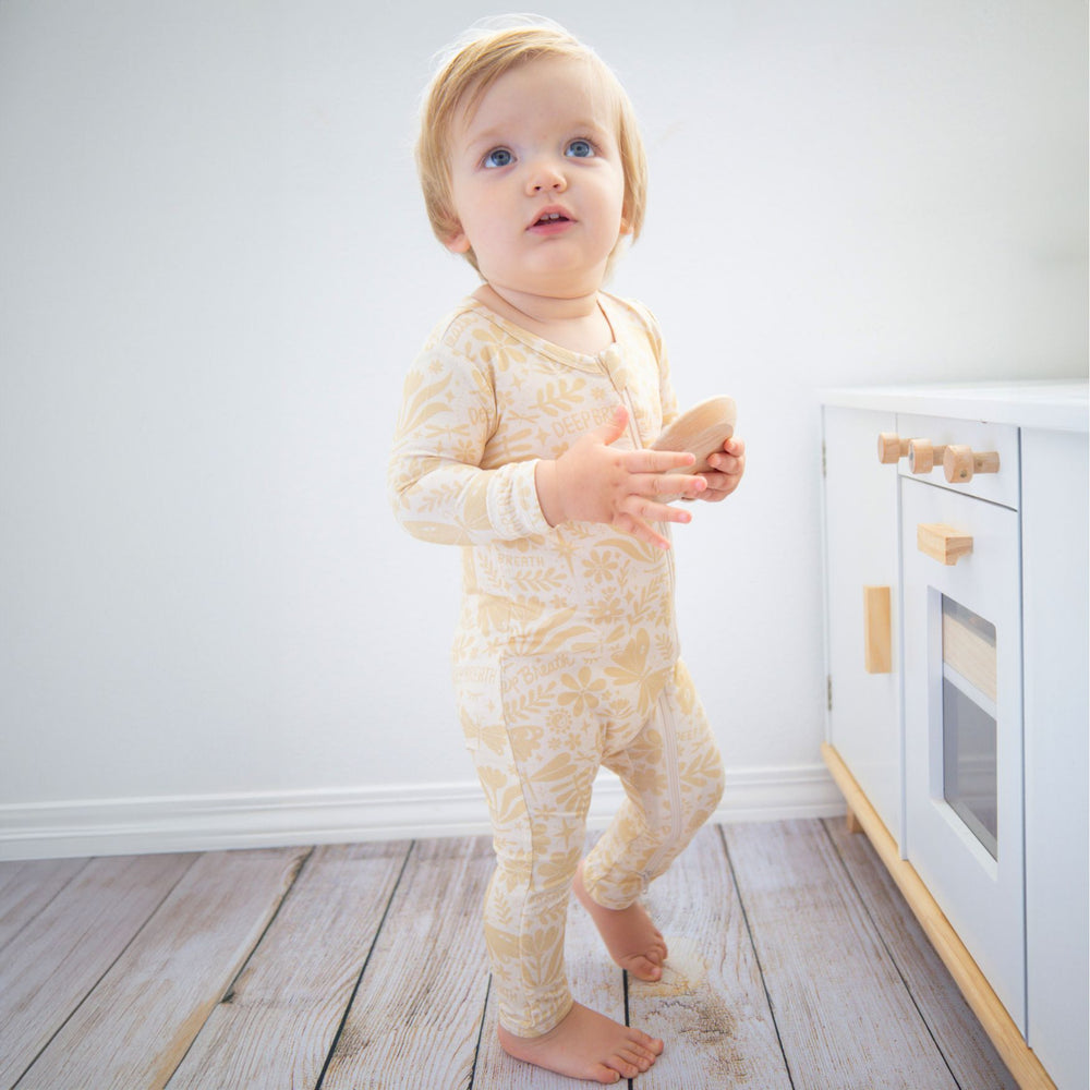 Footless Bamboo Toddler Zipper Pajamas, Double-Zipper Onesies for Toddler Girl Boy, 4-Way Stretch, Easy On & Off - "Deep Breath" (Beige) - Raising Mama