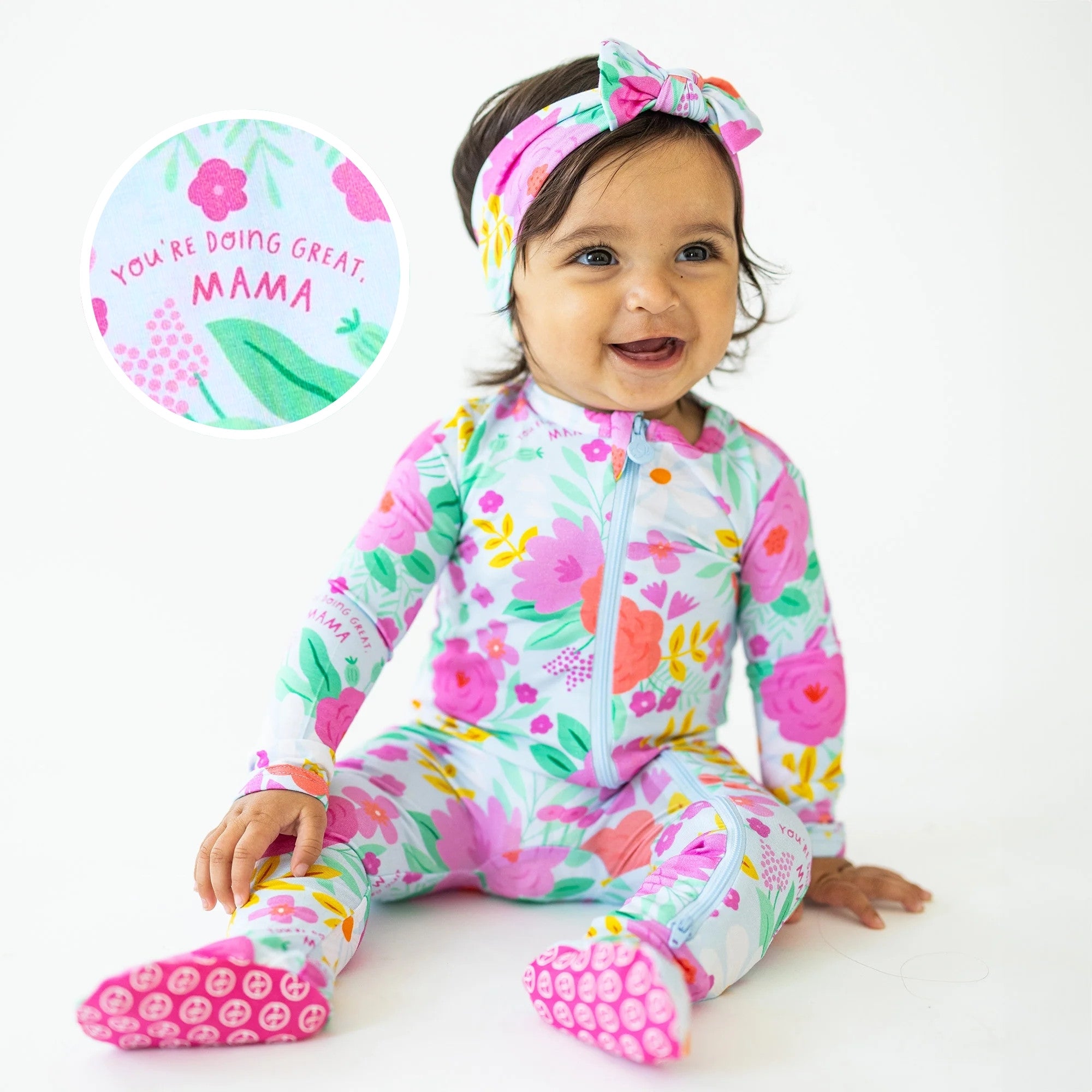 Bamboo Footie Zipper Baby Pajama - Flower Power Floral Bamboo
