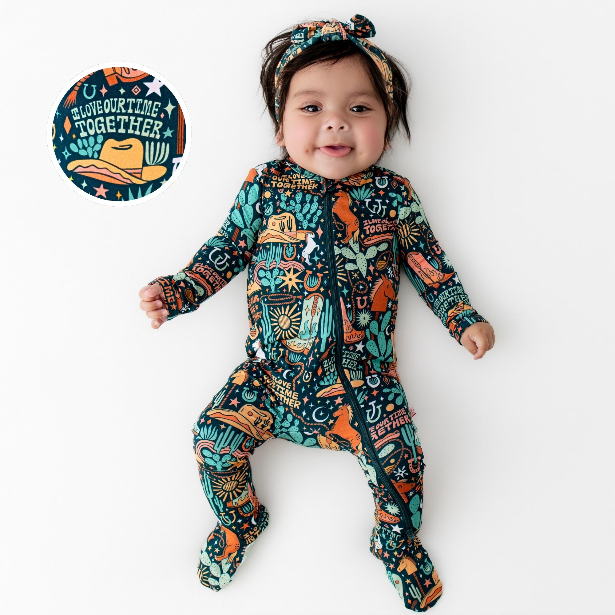 Bamboo Footie Zipper Baby Pajama - Western Cowboy Bamboo Onesie