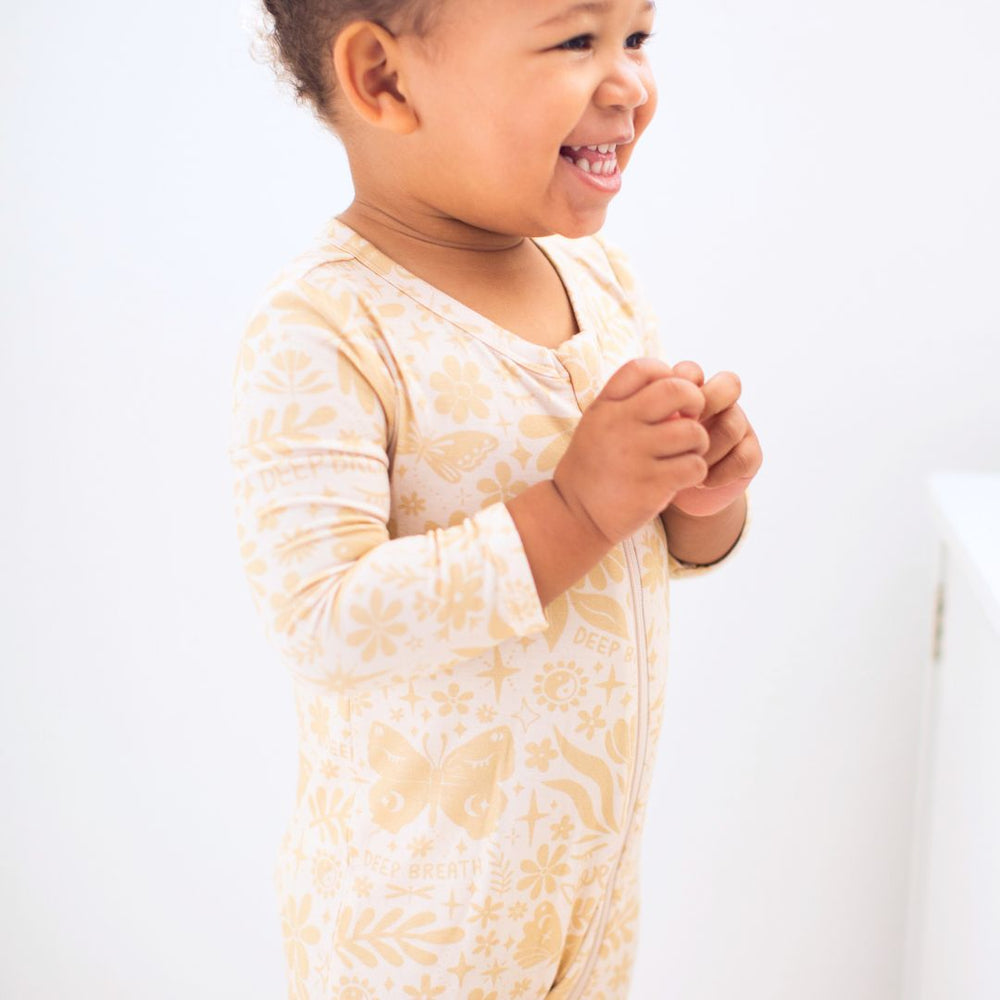 Footless Bamboo Toddler Zipper Pajamas, Double-Zipper Onesies for Toddler Girl Boy, 4-Way Stretch, Easy On & Off - "Deep Breath" (Beige) - Raising Mama