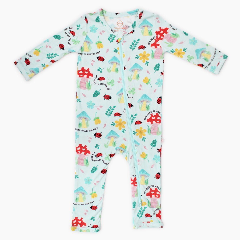 Footless Bamboo Toddler Zipper Pajamas, Woodland Mushrooms, Double-Zipper Onesies,Toddler Bamboo Sleeper, 4-Way Stretch - "It's Okay to Ask for Help" - Raising Mama